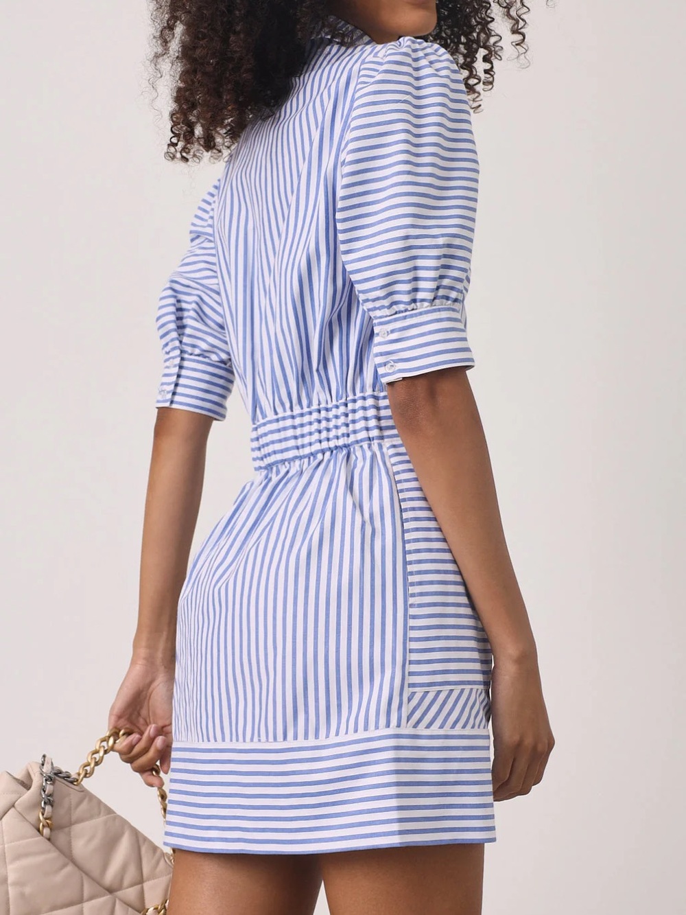 NWT VITA GRACE Levante Dress in Stripe Blue and White Puff Sleeve Collar Mini - Picture 4 of 10